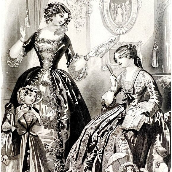 Domestic Scene Engraving 1859 Gorgeous Victorian Family Fashion Art DWY5F - Picture 1 of 2